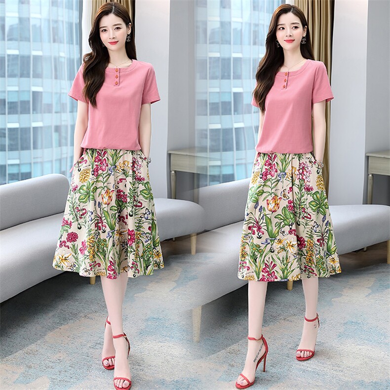 棉麻连衣裙女夏2025新款小个子妈妈洋气时尚腰裙半身裙套装两件套,女装套装/套裙,牡丹诺