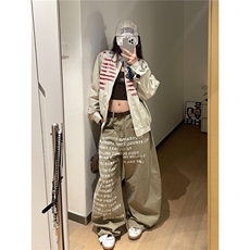 W10544-P73网图现货美式复古旗帜印花短款开衫夹克外套高品质，男装夹克，星座1608