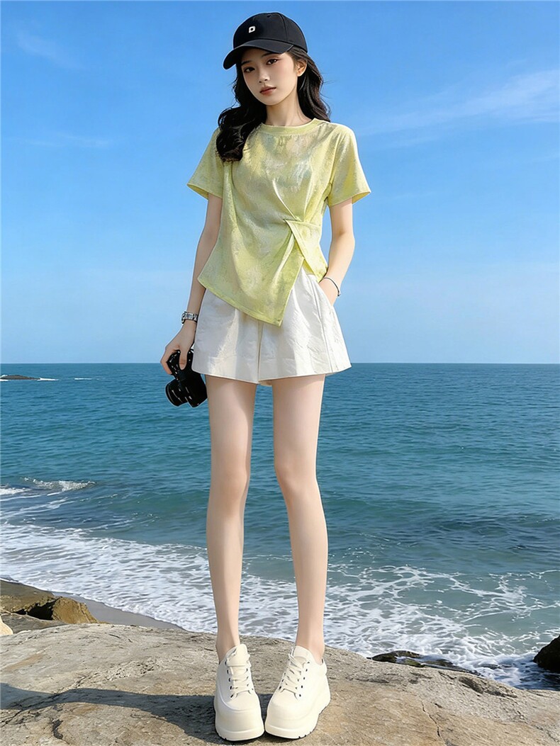 欧韩时尚潮流套装女夏新款圆领印花侧开叉短袖上衣蕾丝短裤两件套,女装套装/套裙,江南