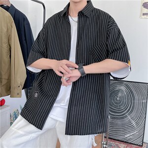 L夏季韩版竖条纹短袖衬衫bf风宽松休闲半袖男衬衣男 W2991-P28图片