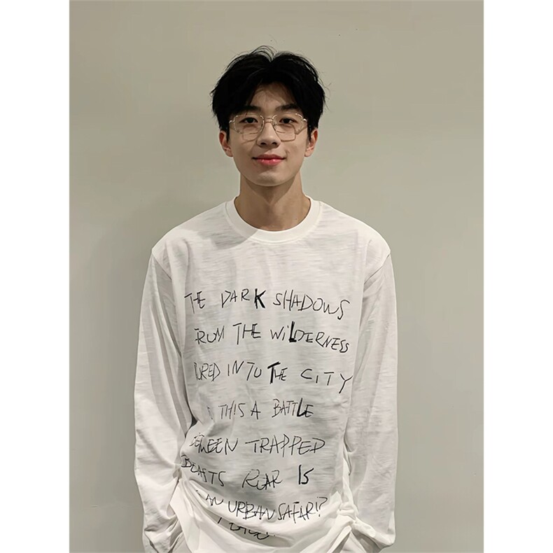 抖音得物230克重磅精梳棉宽纯松长袖印花T恤打底衫ACT5501,男装T恤,电商A443