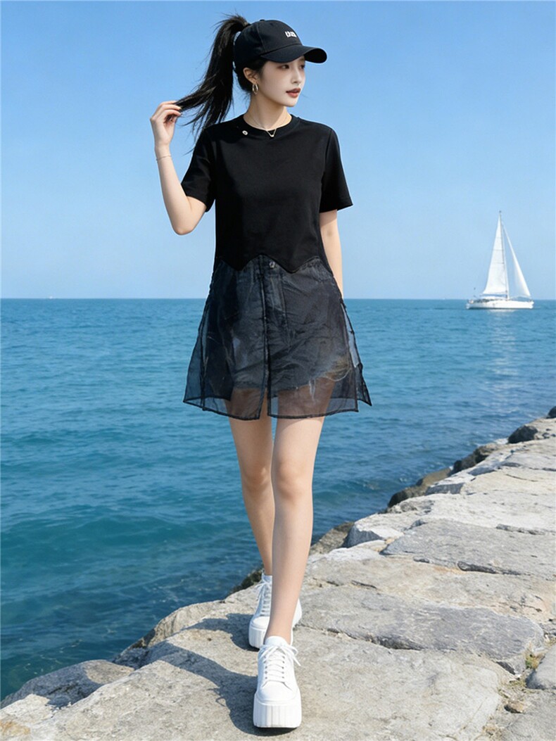 设计感小众时尚气质套装女夏新款圆领网纱拼接上衣牛仔短裤两件套,女装套装/套裙,江南