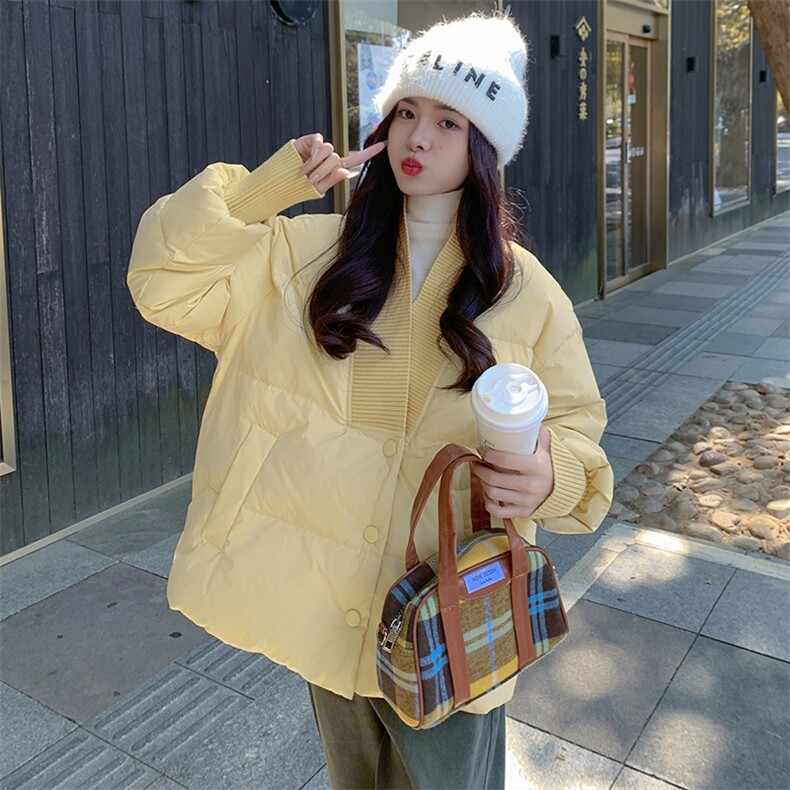 独特漂亮超好看v领短款羽绒服女冬2024年新款小众多巴胺黄色外套,女装羽绒服,浙宝305
