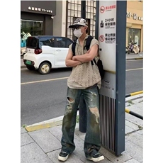 美式复古废土风黄泥牛仔裤情侣潮牌炸街直筒宽松设计感破洞长裤子，男装牛仔裤，星座506A
