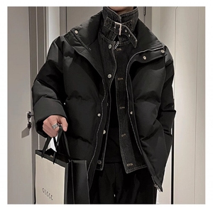 2024冬季时尚潮流设计感牛仔拼接设计假两件新款立领棉服男女同款