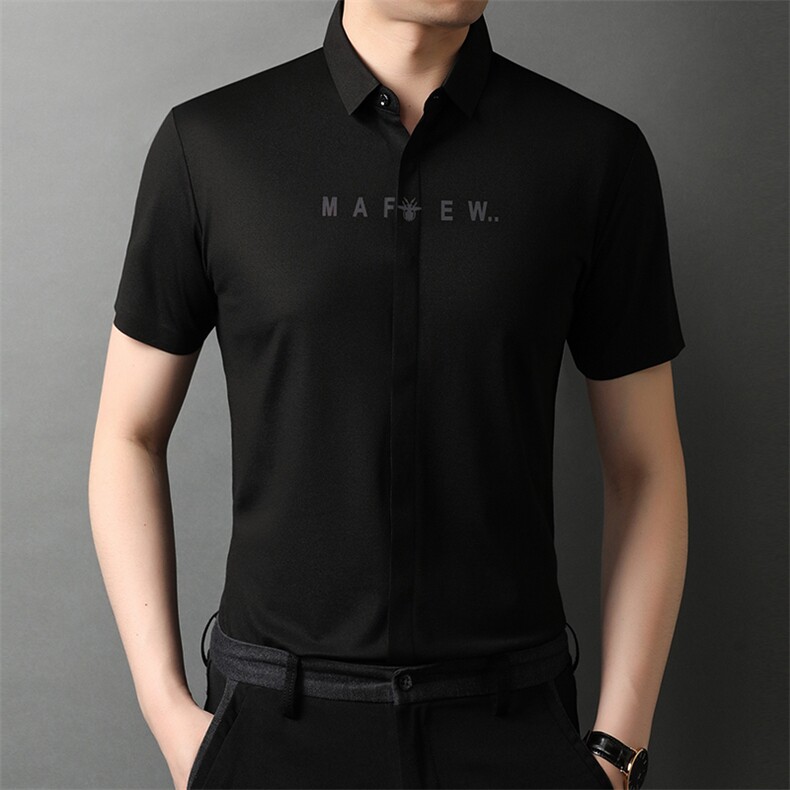 2023夏季新款男装T衬衫中年男士翻领衬衫纯色短袖图片
