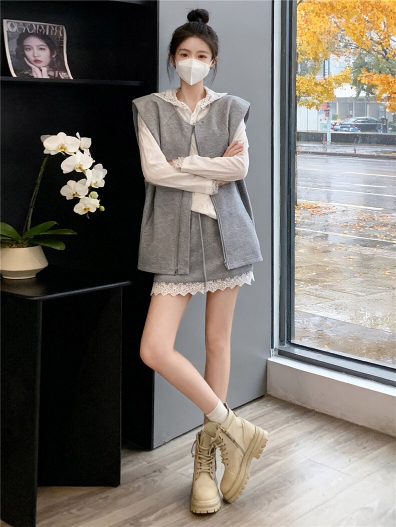 韩版时尚休闲裤裙套装女春款马甲外套连帽T恤蕾丝花边裤裙三件套,女装套装/套裙,江南