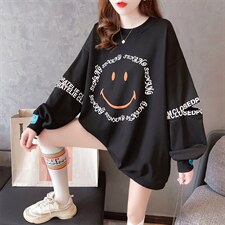25棉韩版宽松大码印花拼接破洞中长款薄款小卫衣女，女装卫衣/绒衫，潮品会