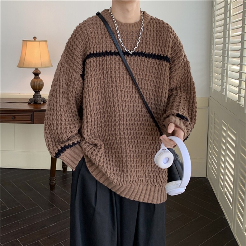 2025新款条纹慵懒风保暖毛衣宽松针织衫上衣A316-1-Y103P70控88,男装针织衫/毛衣,星座906（原电商a316-1）