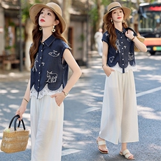 时尚休闲气质套装女2025夏新款撞色刺绣无袖翻领衬衫阔腿裤两件套，女装套装/套裙，木橙西子