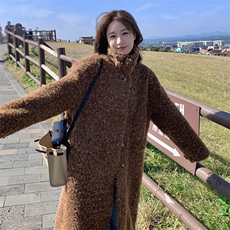 咖色羊羔毛外套女冬季新款韩系加厚复古气质皮毛一体长款过膝大衣，女装羊羔毛/颗粒绒，帛香坊
