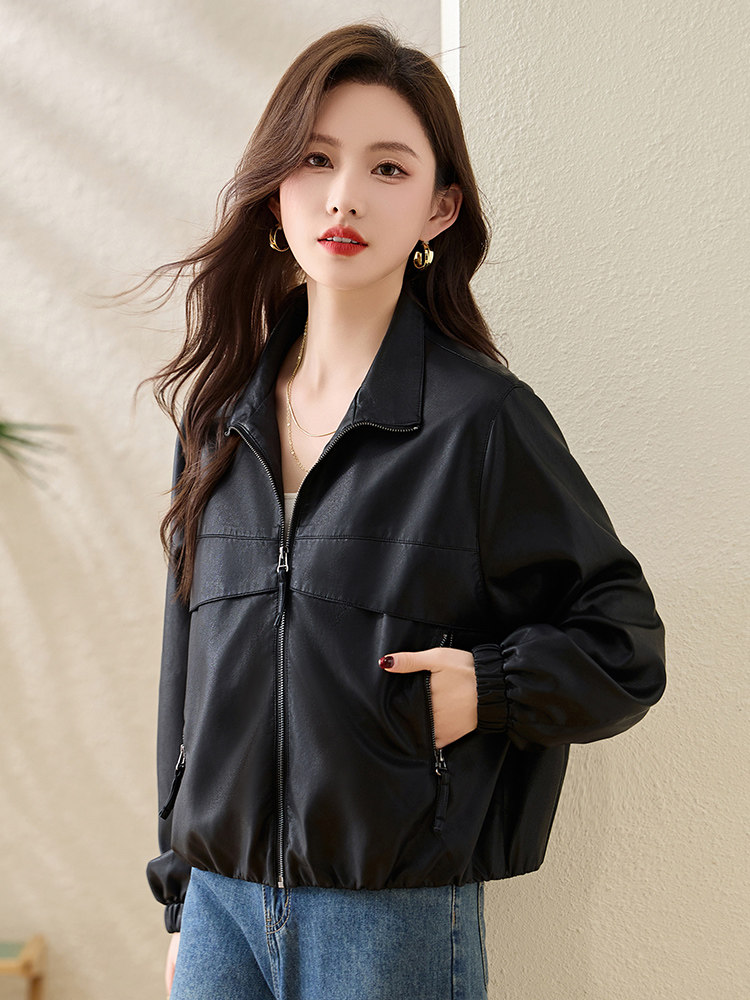 气质翻领黑色皮衣女2025春秋新款小个子短款休闲高级感皮夹克外套,女装短外套,沁沁公主