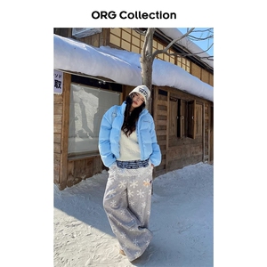 ORG Collection美式复古雪花满印褶皱加绒直筒卫裤女爵士舞阔腿裤图片