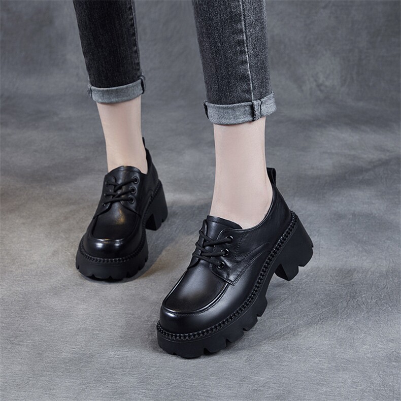 2024新款春夏真皮厚底系带小皮鞋女女棕色英伦风jk松糕鞋增高单鞋，女鞋小皮鞋，星座1407-3