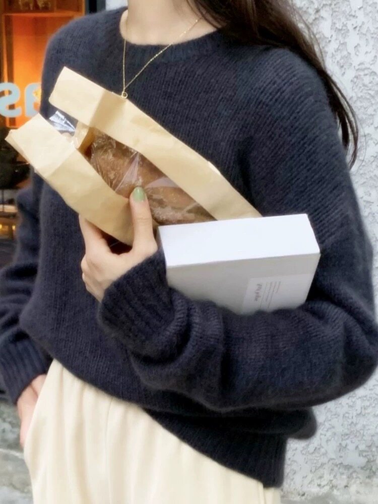 圆领羊毛衫女宽松软糯慵懒风羊毛时尚套头打底衫,女装羊毛衫,恩泰羊绒