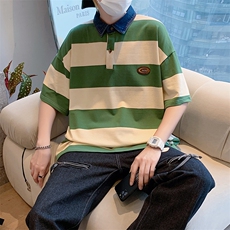 夏季港风潮流条纹撞色宽松短袖T恤男百搭翻领polo衫T1170-P31，男装Polo衫，星座512-2