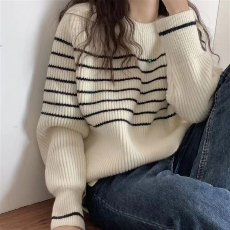时尚潮流条纹宽松羊毛衫女长袖百搭显瘦针织衫,女装羊毛衫,悦玛羊绒