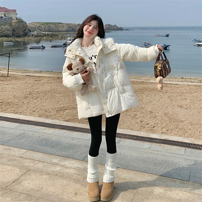 韩版短款连帽米白色羽绒服女2025冬季新款收腰显瘦保暖白鸭绒外套,女装羽绒服,蝶眷