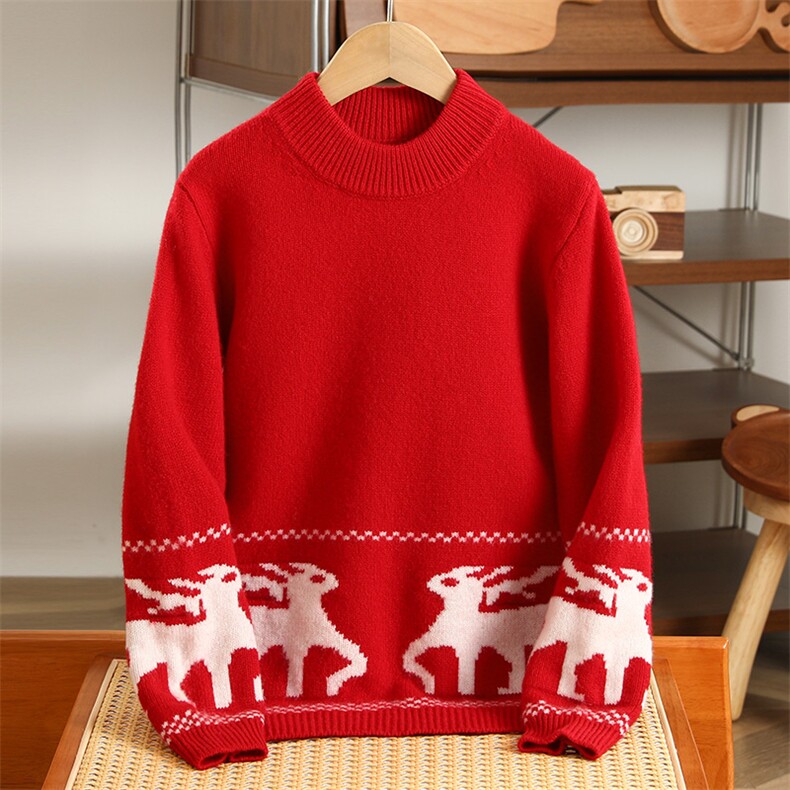 2025时尚百搭通勤简约休闲半高领小鹿提花羊毛衫，童装儿童羊毛衫，宏杨羊绒
