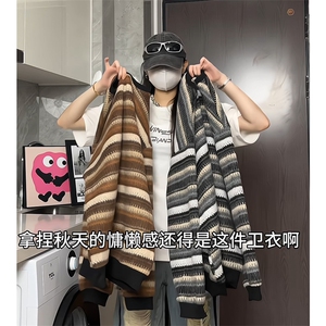 秋冬重磅卫衣民族风条纹毛呢外套日系卫衣港风大码A017 WY022 P55图片