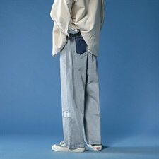 K716-P55蓝背景中性男女破洞补丁牛仔裤男宽松大码拖地裤，男装休闲裤，电商B369（原A024）