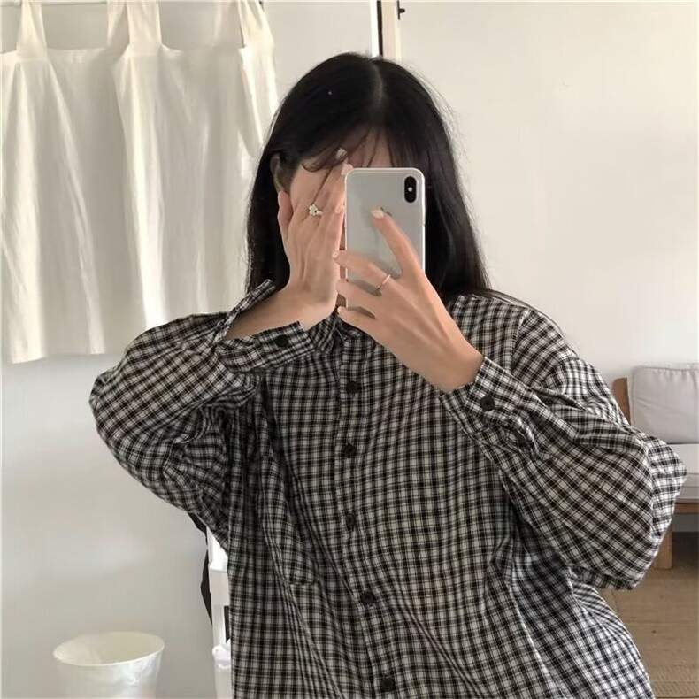 夏日韩版格子蓝色衬衫女宽松男友风衬衣宽松显瘦防晒开衫垂感外套,男装防晒衣,星座1210-1