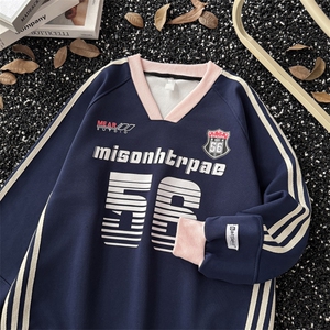 抖音品质秋男V领棒球服卫衣字母图案印花三条杠拼色外套WY05 P43图片