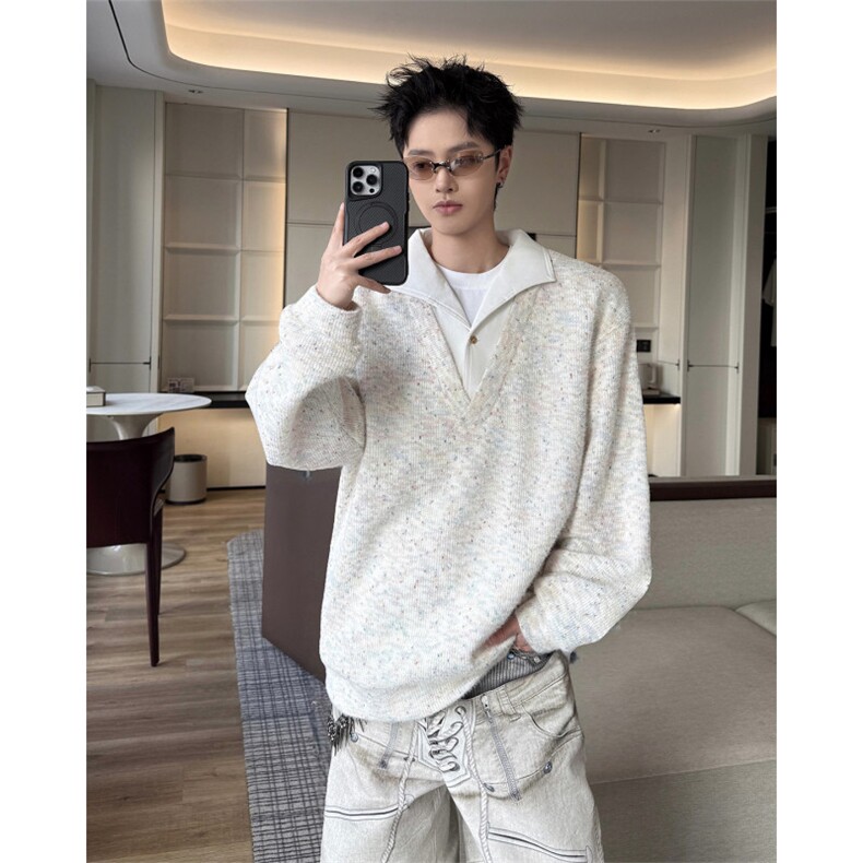 美式男士卫衣慵懒风彩点假两件翻领毛衣外衣宽松休闲针织衫图片
