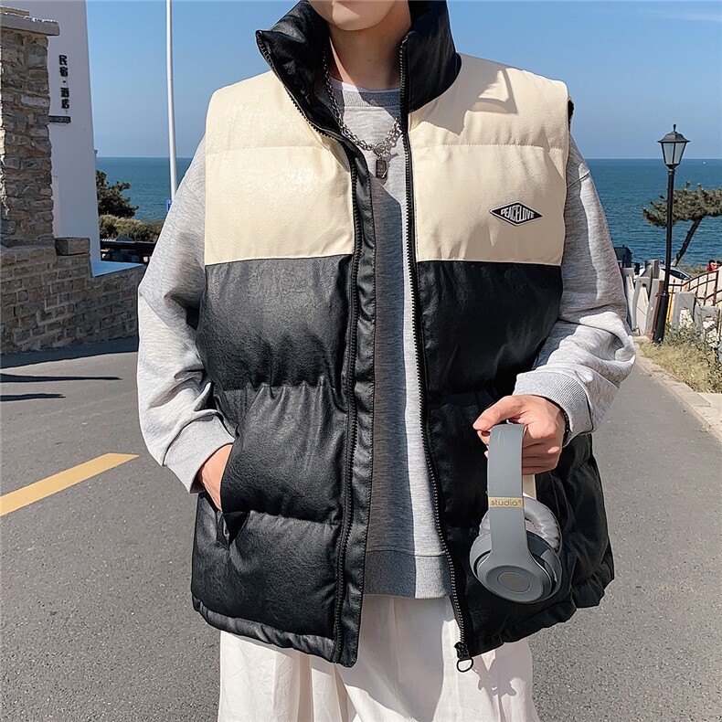 2026秋冬装羽绒棉马甲男加厚拼色立领PU皮坎肩MJ17588/P85杏色5,女装马甲,电商A094