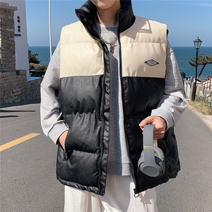 2026秋冬装羽绒棉马甲男加厚拼色立领PU皮坎肩 MJ17588/P85 杏色5图片