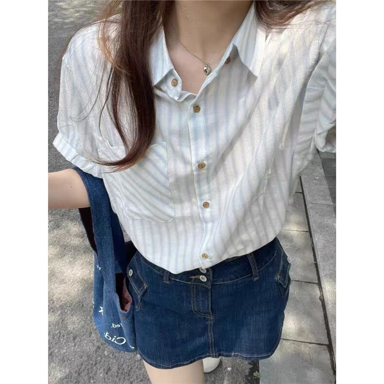 韩系小个子polo领蓝色条纹短袖衬衫女夏季温柔风百搭独特短款上衣,男装衬衫,星座1210-1