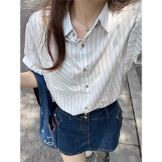 韩系小个子polo领蓝色条纹短袖衬衫女夏季温柔风百搭独特短款上衣，男装衬衫，星座1210-1