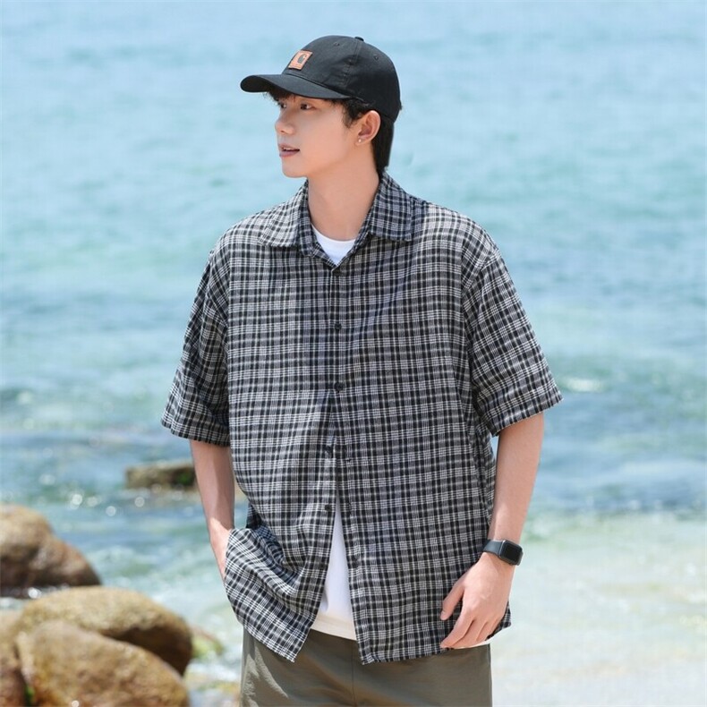 新款跨境专版宽松潮流长袖格子衬衫男,男装衬衫,星座1107-1