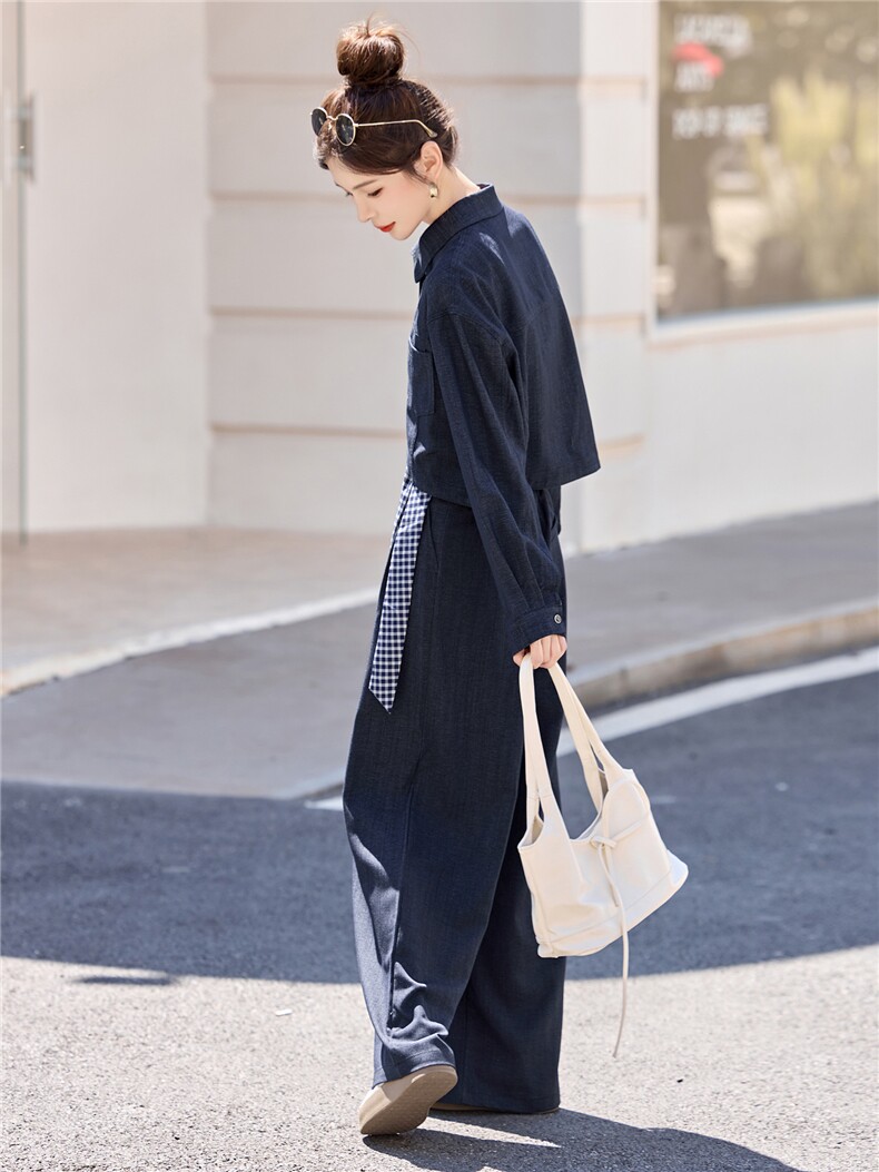 休闲时尚方格牛仔套装女2025年春秋新款高腰宽松显瘦阔腿裤三件套,女装套装/套裙,意芙