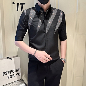 店主风社会小伙男绣花七分袖衬衫男日常休闲衬衣301A-1/CS568/P55图片