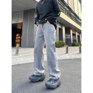 美式高街vibe风直筒长裤欧美痞帅男hiphop复古水洗拼接工装牛仔裤图片