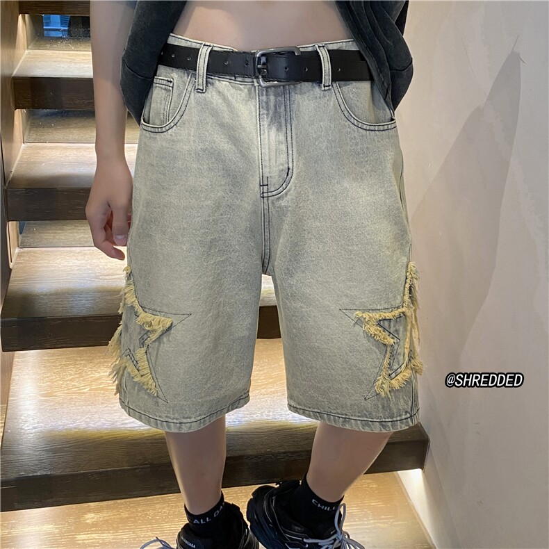 港风夏季新款宽松牛仔裤中裤潮磨毛星星短裤B315-K23237-P45控58,男装牛仔裤,电商B315