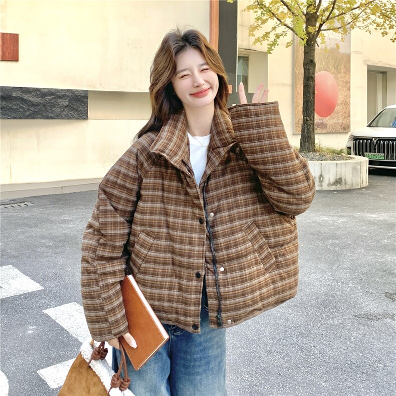 韩系巨好看格子羽绒服女2025冬季新款加厚立领休闲小个子面包服,女装羽绒服,2D014