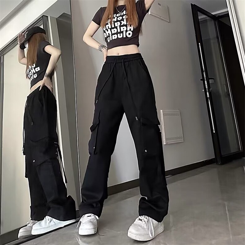黑色窄版工装裤女夏季速干2025新款高腰直筒美式小个子休闲运动裤,女装休闲裤,星座1210-1