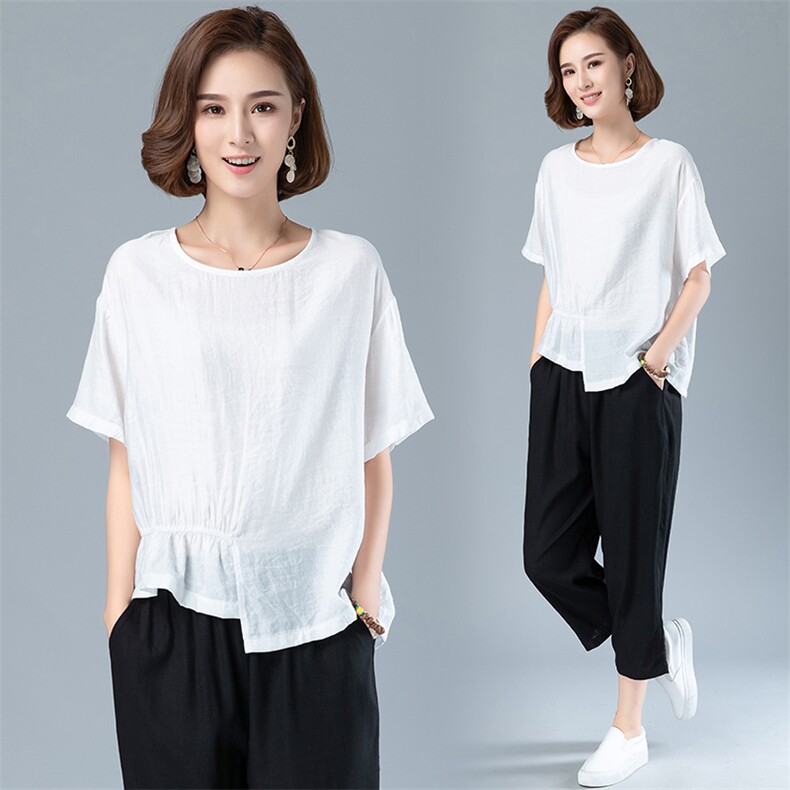 2025夏季新款中年妈妈小个子棉麻宽松休闲薄款洋气减龄，女装T恤，阿丹