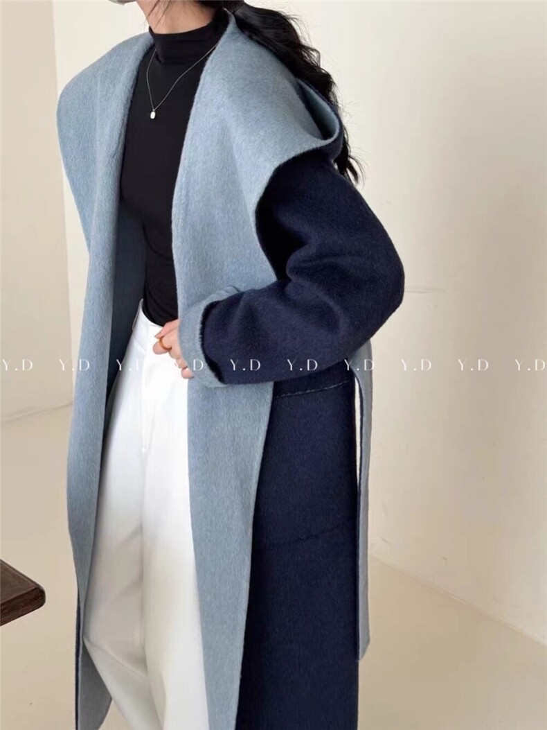 系带连帽大翻领气质宽松慵懒风廓形大帽子羊毛外套(配腰,女装羊绒大衣,依嘟服饰
