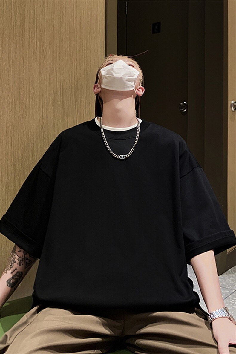 纯棉短袖男夏季新款黑色t恤小众设计感宽松圆领上衣TX600-特P22,男装T恤,电商A178