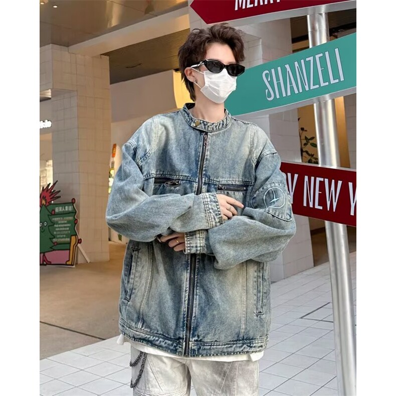 美式高街牛仔外套男春秋水洗做旧复古潮牌宽松拉链夹克痞帅机车服,男装工装外套,星座410-6（原星座1304-1）