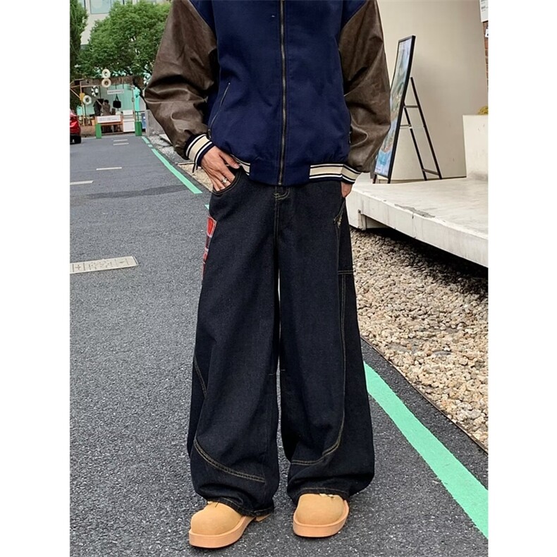 秋季新款设计感弯刀牛仔裤男美式宽松休闲直筒百搭阔腿裤图片