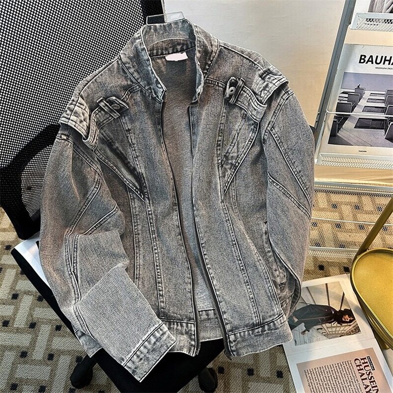 重工拼接短款牛仔外套潮牌欧美街头机车服夹克男8636P72,男装夹克,星座410-2