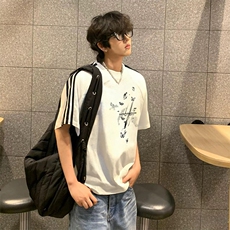 抖音得物高品质二开240克宽松纯棉美式潮牌三条杠织带短袖T恤，男装T恤，电商A486-1