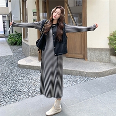 高级感韩系条纹连衣裙套装女秋慵懒松弛感PU皮黑色马甲叠穿两件套，女装套装/套裙，维壹