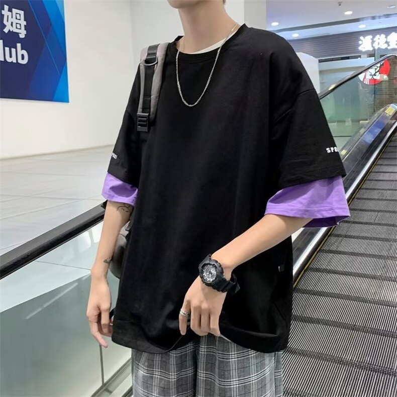 假两件t恤男韩版潮流拼色2023夏季新款ins宽松百搭体恤ST057-P32,男装T恤,星座412-3