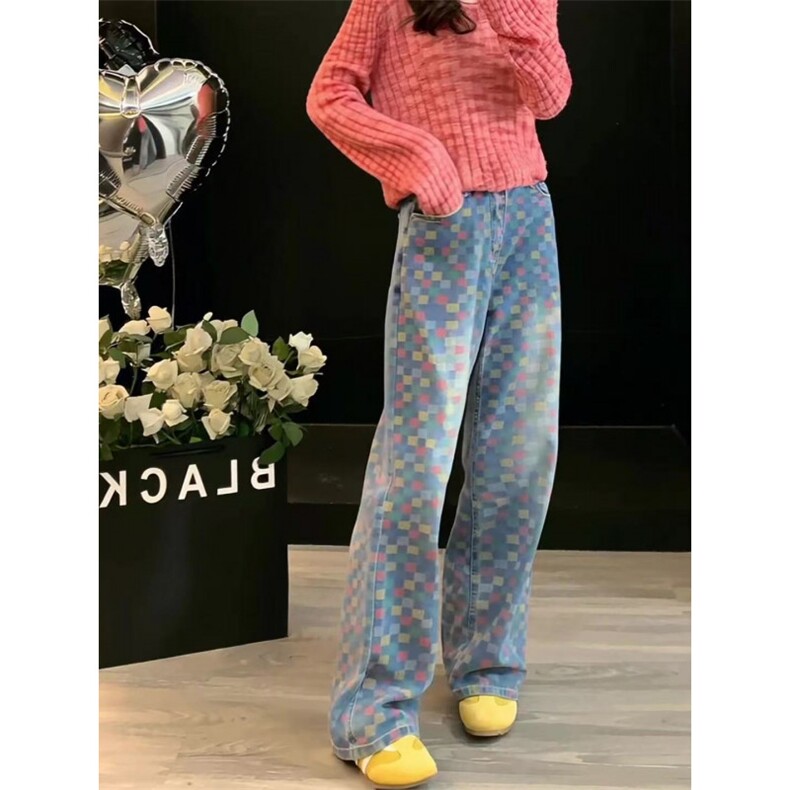彩色格子牛仔裤男女款春秋季棋盘裤子美式复古直筒长裤HC442P39,男装牛仔裤,星座1112-1