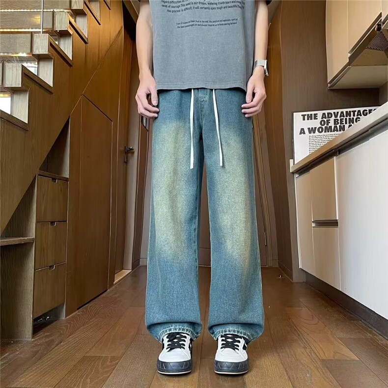 松紧腰牛仔裤男秋季质感阔腿裤大码宽松直筒水洗垂感裤子,男装牛仔裤,星座302B